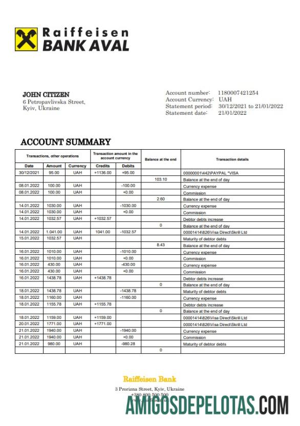 Modelo de extrato bancário Raiffeisen da Ucrânia